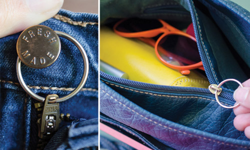 Replace a broken zipper with a key ring.